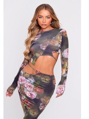PLT Floral Printed Slinky Asymmetric Cut Out Skirt + Top SET
